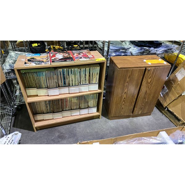 BOOKCASE OF ASSORTED BOOKS & MODEL TRAIN MAGAZINES & WOOD 2-DOOR CABINET