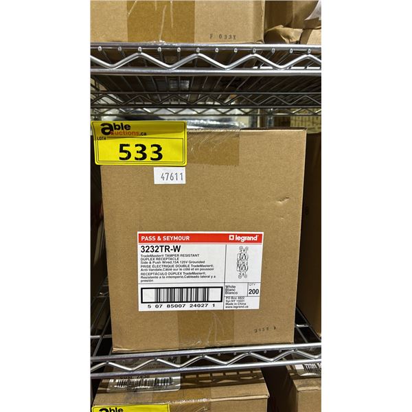 CASE OF LEGRAND PASS & SEYMOUR 3232TR-W DUPLEX RECEPTACLES, SIDE & PUSH WIRED, 15A 125V GROUNDED
