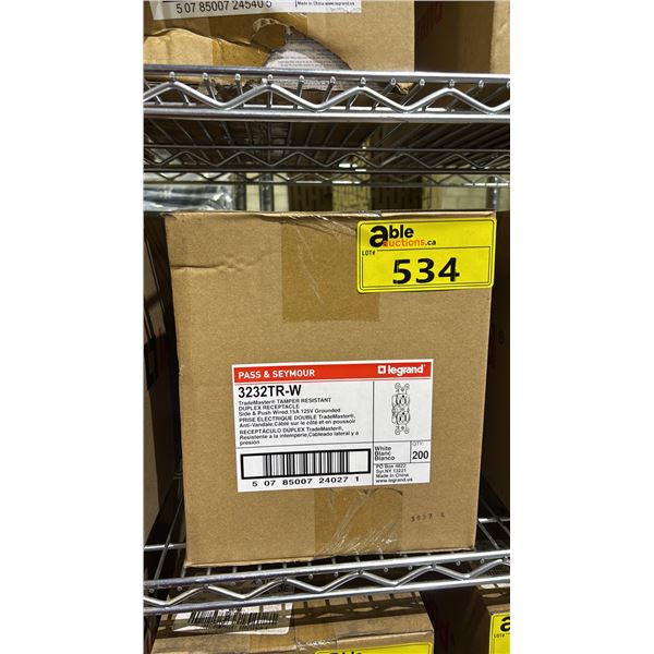 CASE OF LEGRAND PASS & SEYMOUR 3232TR-W DUPLEX RECEPTACLES, SIDE & PUSH WIRED, 15A 125V GROUNDED