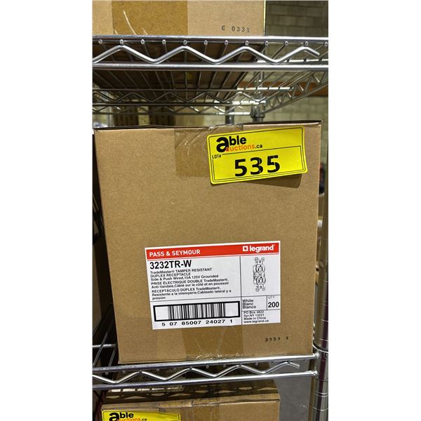 CASE OF LEGRAND PASS & SEYMOUR 3232TR-W DUPLEX RECEPTACLES, SIDE & PUSH WIRED, 15A 125V GROUNDED