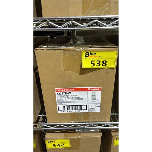 CASE OF LEGRAND PASS & SEYMOUR 3232TR-W DUPLEX RECEPTACLES, SIDE & PUSH WIRED, 15A 125V GROUNDED