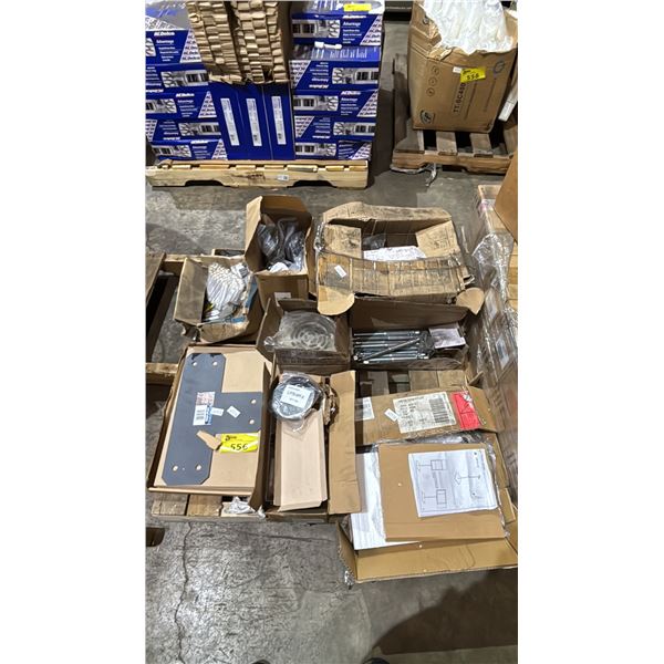 PALLET OF LARGE BOLTS, METAL ANGLES, PIVOT HINGES, 25 AMP FUSE LINKS, TABLE TOP SIGN HOLDER & MORE