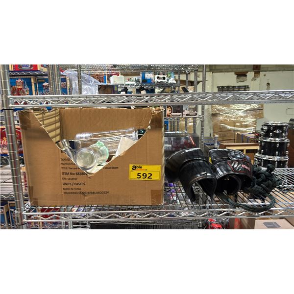 GHAZI BOXING GLOVES WITH HAND WRAPS & BOX OF ASSORTED MUGS