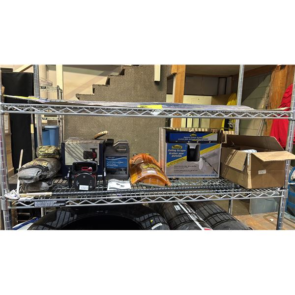 SHELF OF STEEL WOOL, GRUNDFOS CIRCULATOR PUMP, LOW SHEEN SEAL & FINISH, CEILING SCRAPER & MORE