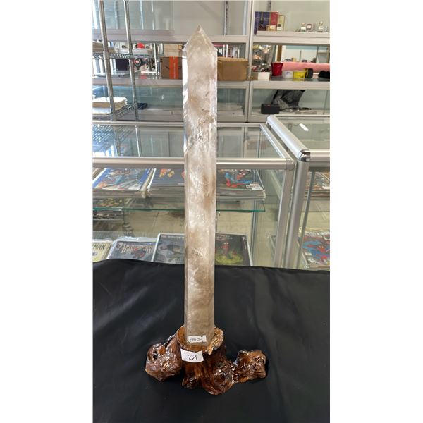 17" TALL SMOKEY QUARTZ TOWER ON WOODEN STAND