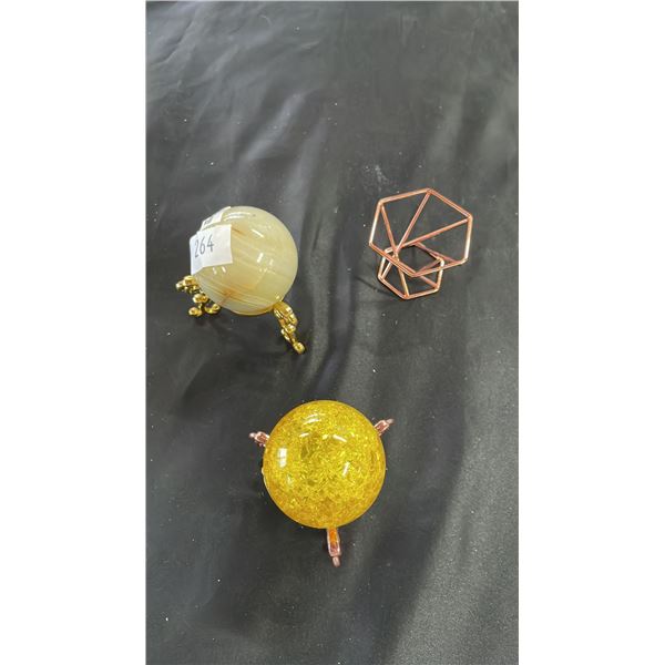 57MM GREEN JADE SPHERE W/ STAND, 50 MM FANCY GLASS SPHERE W/STAND & EMPTY STAND