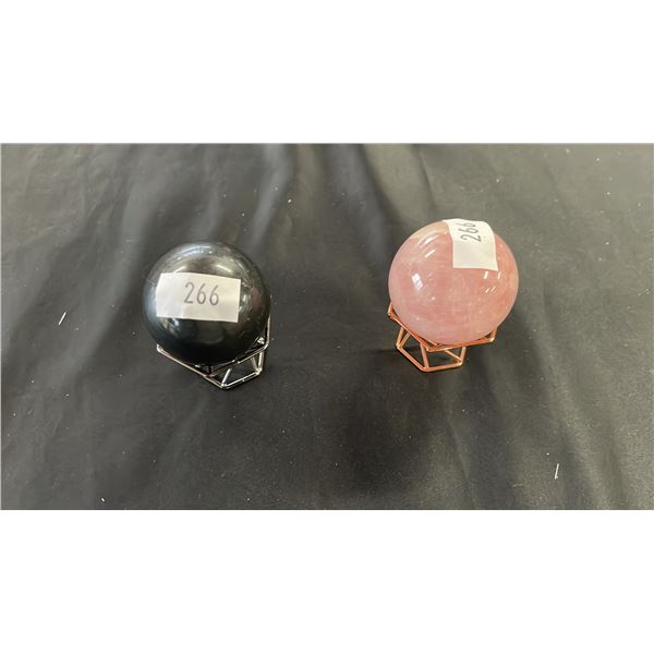 ROSE QUARTZ SPHERE WITH STAND & BLACK TOURMALINE SPHERE WITH STAND