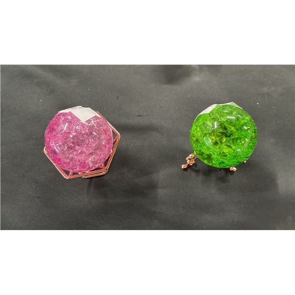 GREEN GLASS SPHERE WITH STAND & PINK GLASS SPHERE WITH STAND