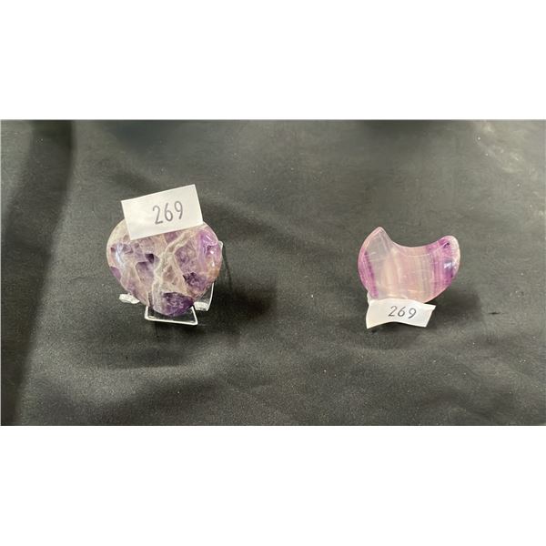 2.2" CARVED AMETHYST HEART & 2" CARVED FLUORITE MOON