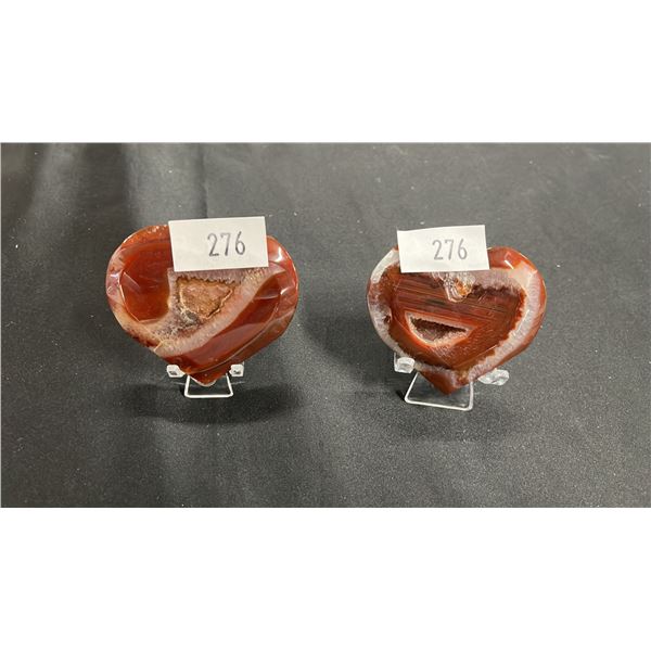 (2) CARVED DRUZY CARNELIAN HEARTS WITH FORMATIONS
