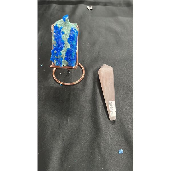 3.7" BLUE SULPHURE SPECIMEN, 6" ROSE QUARTZ 6-SIDED TOWER