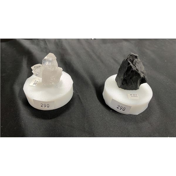 SHUNGITE ON STAND ON CLEAR QUARTZ ON STAND