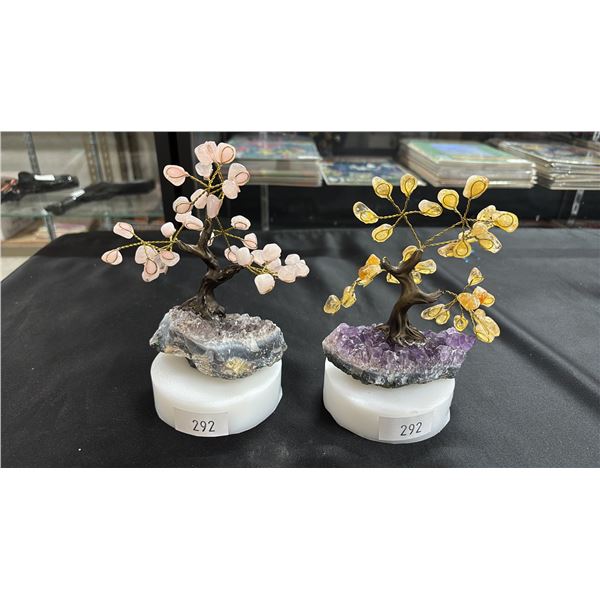 7" X 5" CITRINE TREE ON AMETHYST CRYSTAL & 7" X 5" ROSE QUARTZ TREE ON CRYSTAL FORMATIONS
