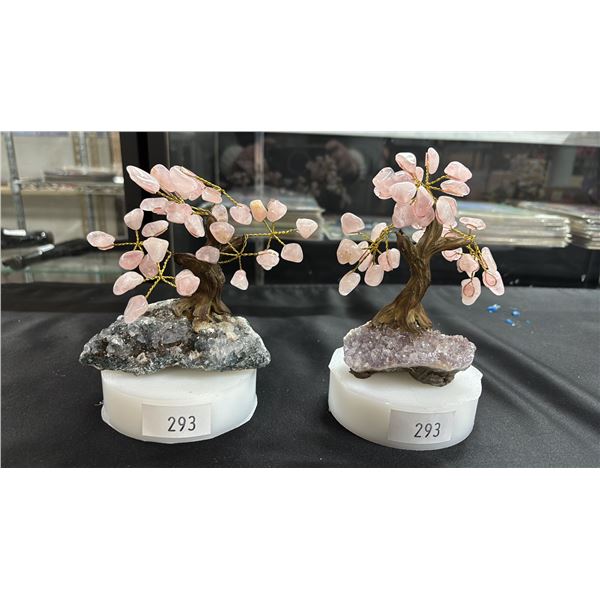 TWO 7" ROSE QUARTZ TREES ON CRYSTAL FORMATIONS