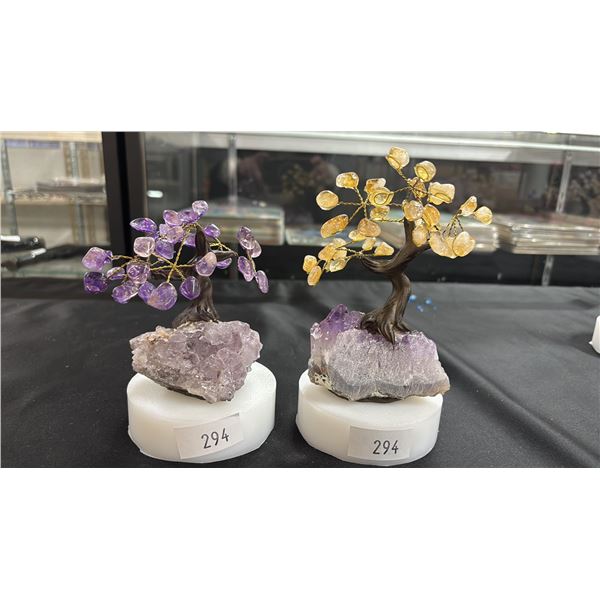 7" X 5" CITRINE TREE ON AMETHYST CRYSTAL & 7" AMETHYST TREE ON AMETHYST CRYSTAL
