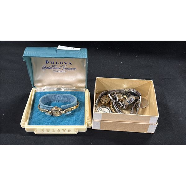 VINTAGE BULOVA WATCH IN BOX & BOX OF ASSORTED WATCHES & WATCH PIECES