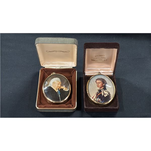 PENDANT PORTRAITS OF QUEEN VICTORIA & QUEEN ELIZABETH II - REPRODUCED BY PETER BATES LTD.