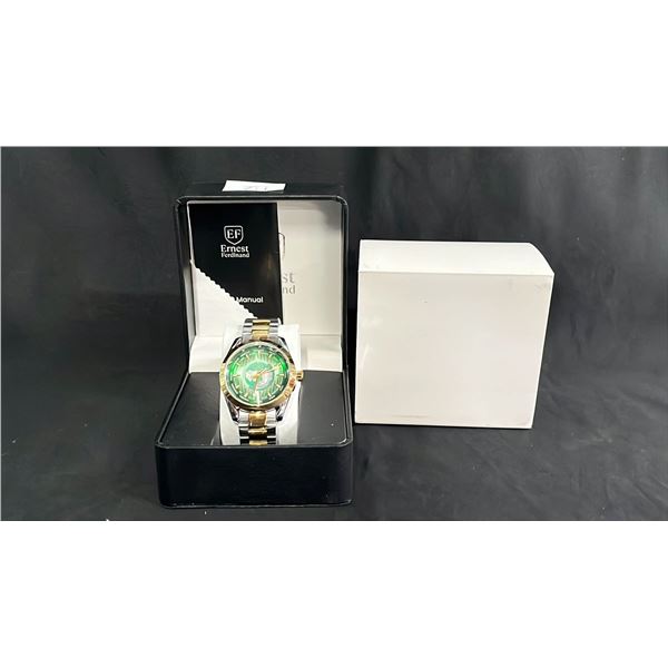MEN'S ERNEST FERDINAND WATCH WITH GLOBAL DIAL & STAINLESS STEEL BAND IN BOX: 3ATM WATER RESISTANT