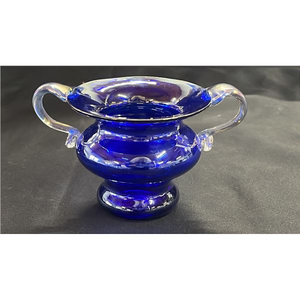 MURANO COBALT BLUE 3"T VASE WITH CLEAR GLASS HANDLES
