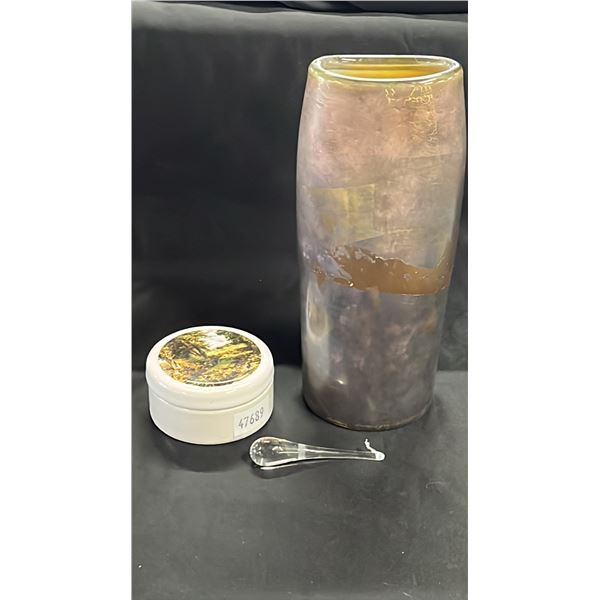 ART GLASS VASE (10"T), ART GLASS DROP (3.5"L) AND CERAMIC RELISH DISH WITH LID