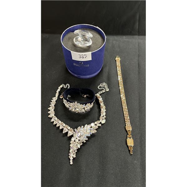 (3) PIECES OF SWAROVSKI JEWELRY & SWAROVSKI SHELL WITH PEARL & BOX