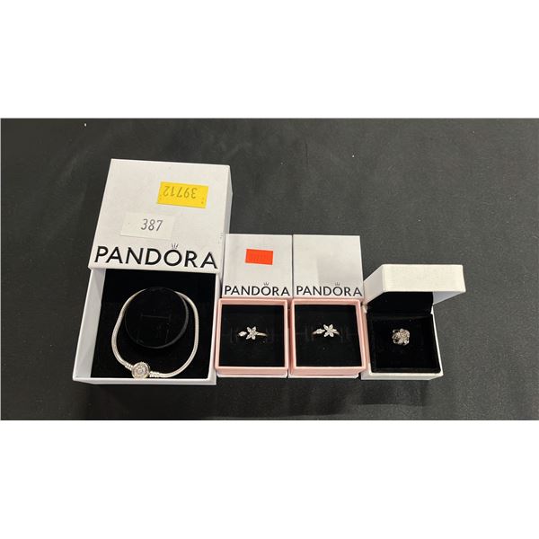 PANDORA BRACELET, (2) PANDORA RINGS & (1) PANDORA CHARM