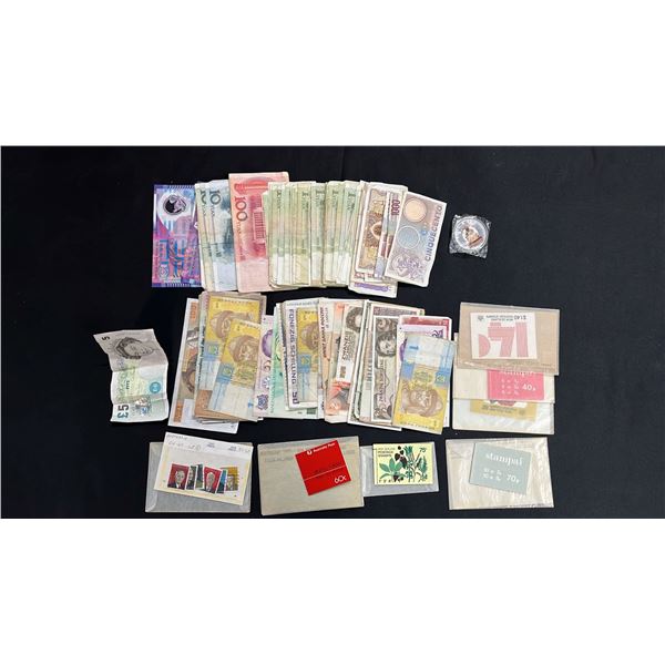 ASSORTED INTERNATIONAL PAPER MONEY & ASSORTED WORLD STAMPS