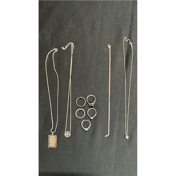 ASSORTED .925 SILVER CHAINS, RINGS & PENDANT