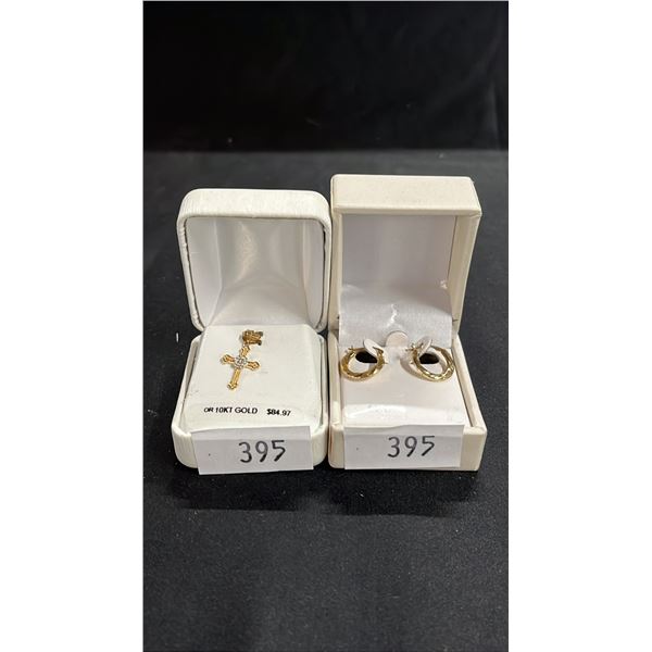 10KT GOLD CROSS PENDANT & PAIR OF 10KT GOLD HOOPS
