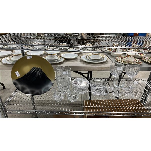 MOUNT FUJI DECORATIVE PLATE & ASSORTED CRYSTAL INCLUDING WINE GLASSES, VASE, CREAM & SUGAR & MORE