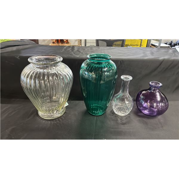 4 ASSORTED VASES VARIOUS HEIGHTS & COLOURS. TALLEST APPROX 12"