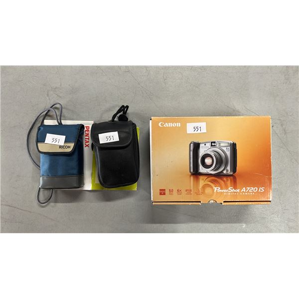 RICOH FF-3 AF FILM CAMERA, PENTAX ESPIO FILM CAMERA & CANON POWERSHOT DIGITAL CAMERA