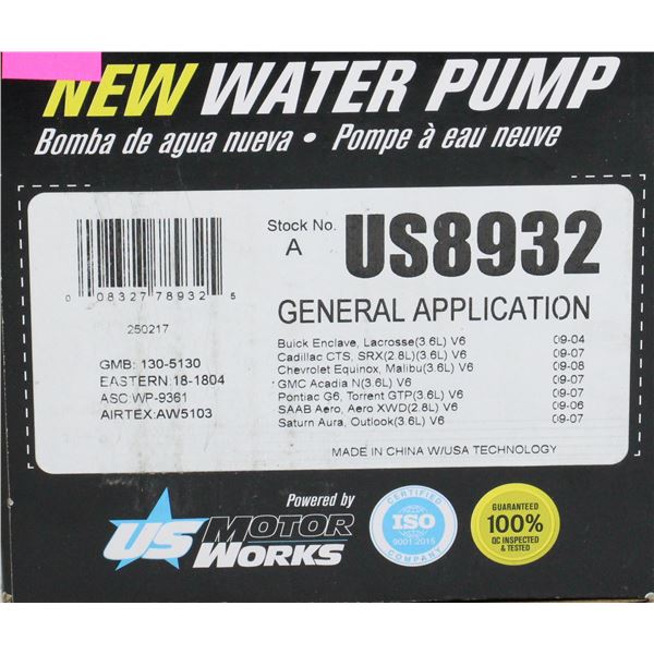 NEW USMW WATER PUMP  INFO IN PHOTO #US8932