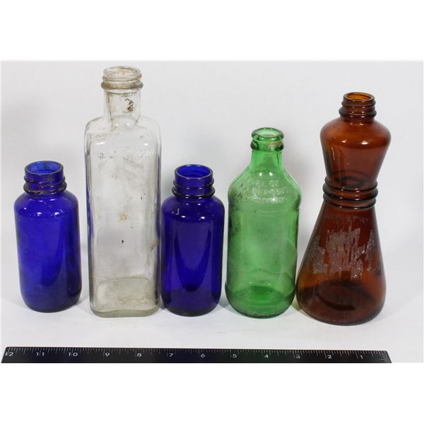 LOT OF 5 VINTAGE GLASS BOTTLES