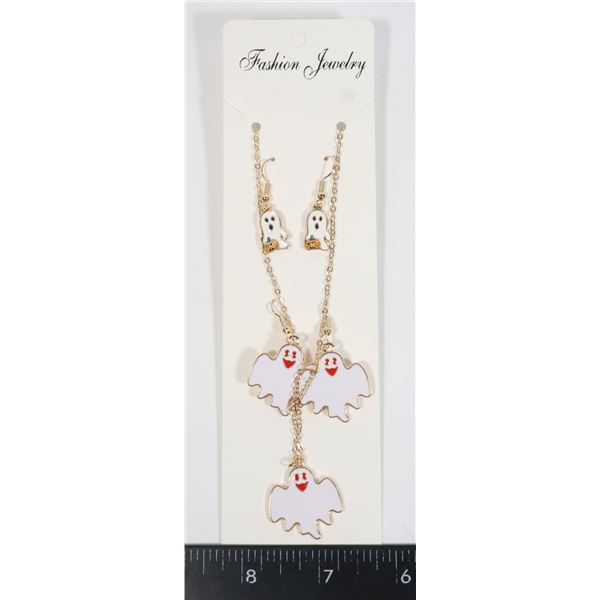 NEW GOLDTONE GHOST THEME EARRING AND NECKLACE SET