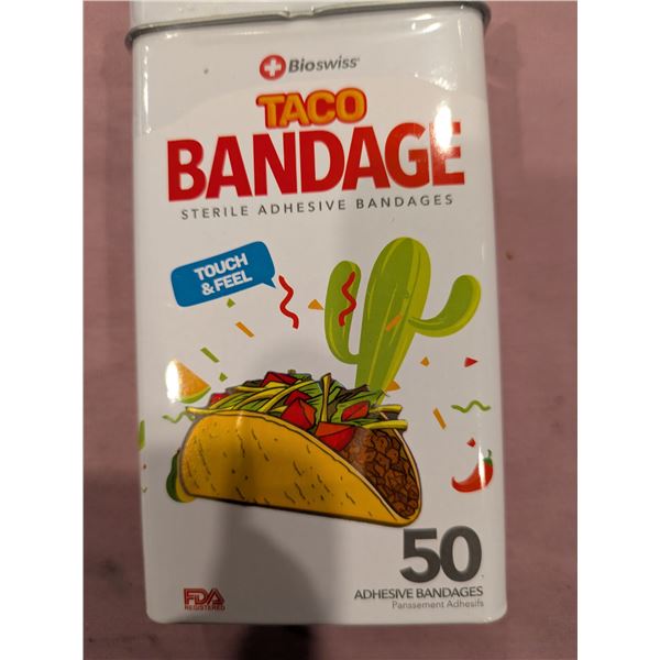Taco bandaids in tin