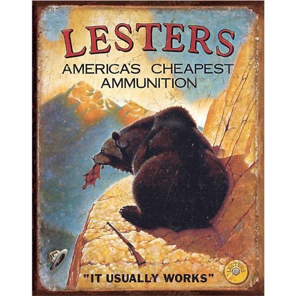 Lesters Ammunition Tin Sign - NEW - 16 x 13 Inch