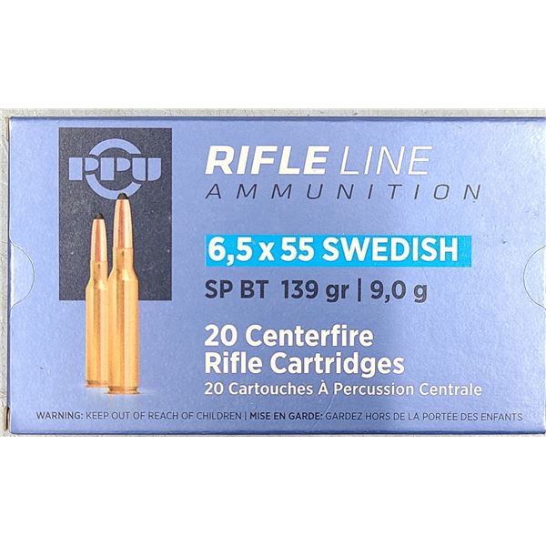 6.5 x 55 Swedish 139 gr PPU Rifleline Soft Point - 20 rds