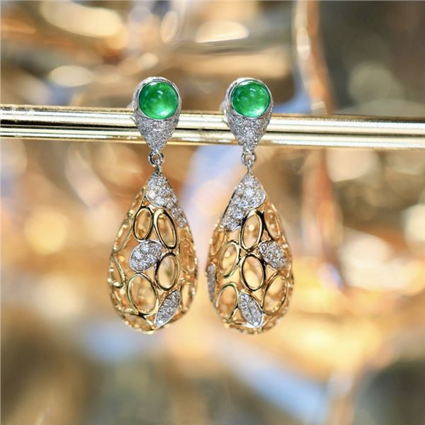18K Gold Emerald and Diamond Earrings