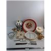 Image 1 : Ceramic Cookie Jars, Metal Basin, Fire-King Casserole, Platter, Pitcher, Kettle, Shaker, Implements