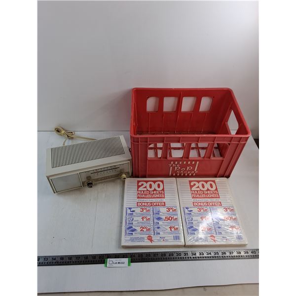 Vintage Philco Radio - Powers On, (2) New 200-Packs of Foolscap, "The Pop Shoppe" Crate - As is