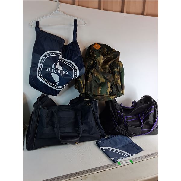 (2)Duffel Bags Up to 12"x18"x12.5", (1) Backpack 18.8"x14.5", (2) Skechers Shopping Bags