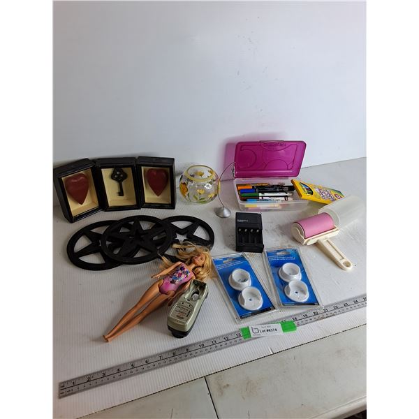 Markers, Pencil Crayons, Barbie Doll, (2) Closet Rod Holders, (2) Battery Chargers, Painted Glass Bo