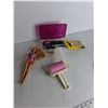 Image 4 : Markers, Pencil Crayons, Barbie Doll, (2) Closet Rod Holders, (2) Battery Chargers, Painted Glass Bo