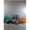 Image 1 : Wooden Lazy Susan/ Vinegar Bottle/ Assorted Kitchen Gadgets