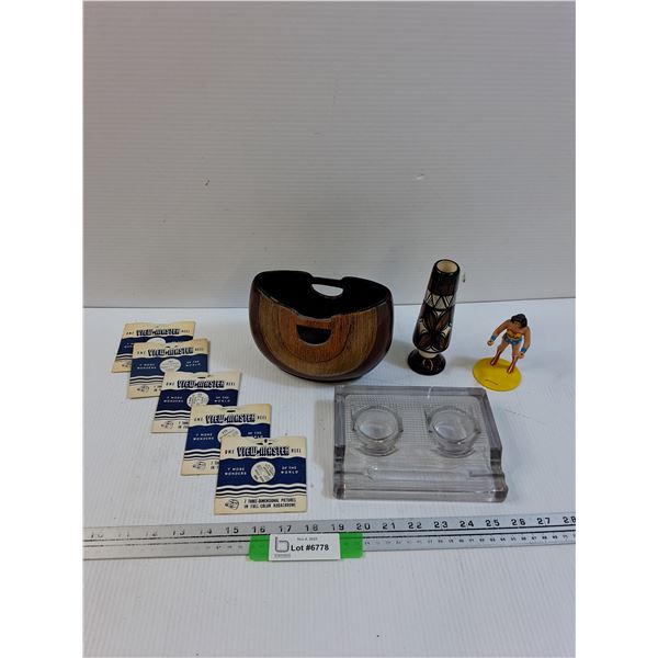 Viewmaster Slides, Wooden Vase, Ceramic Vase, Glass Ink Well, Wonder Woman