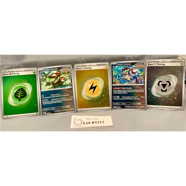 POKEMON - (5) 3x 151 Swirl Holo Energy Cards & 2x Brute Bonnet Holo Cards