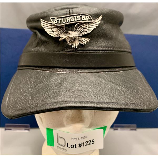 Vintage Biker Black Leather Civil War Style Cap & Sturgis 1988 Cap Badge