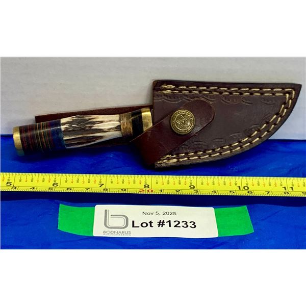 Custom Handmade Damascus Steel Hunting Knife & Leather Sheath Antler Handle