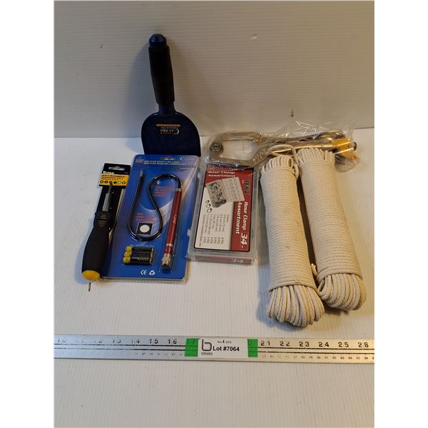 Masonry Tool,6 in 1 Screwdriver,Hose Clamp Ass't,Clamp,LED Light and (2) Rolls Braided Cord